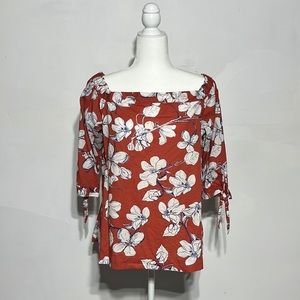 LOFT Outlet Burnt Orange Floral 3/4 Length Tie Sleeves Off-The Shoulder Blouse M